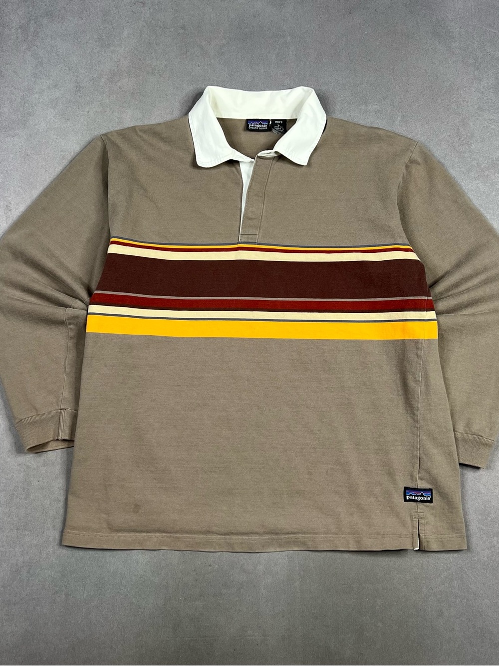 Patagonia Taupe Rugby Shirt with Maroon, Yellow & White Accents